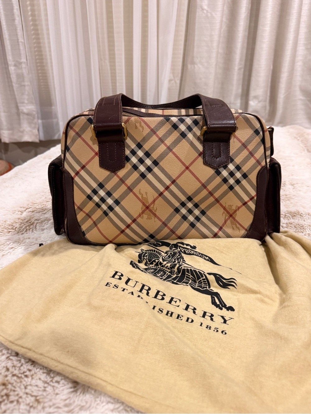 Vintage Burberry Nova Check Equestrian Boston Satchel Handbag